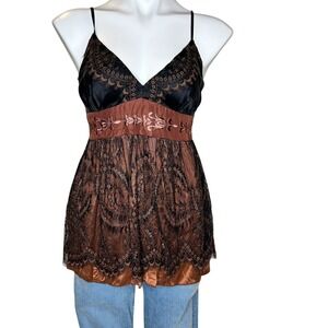 Vintage Hale Bob Black Copper Lace Trim V Neck Cami Y2K Top Size S